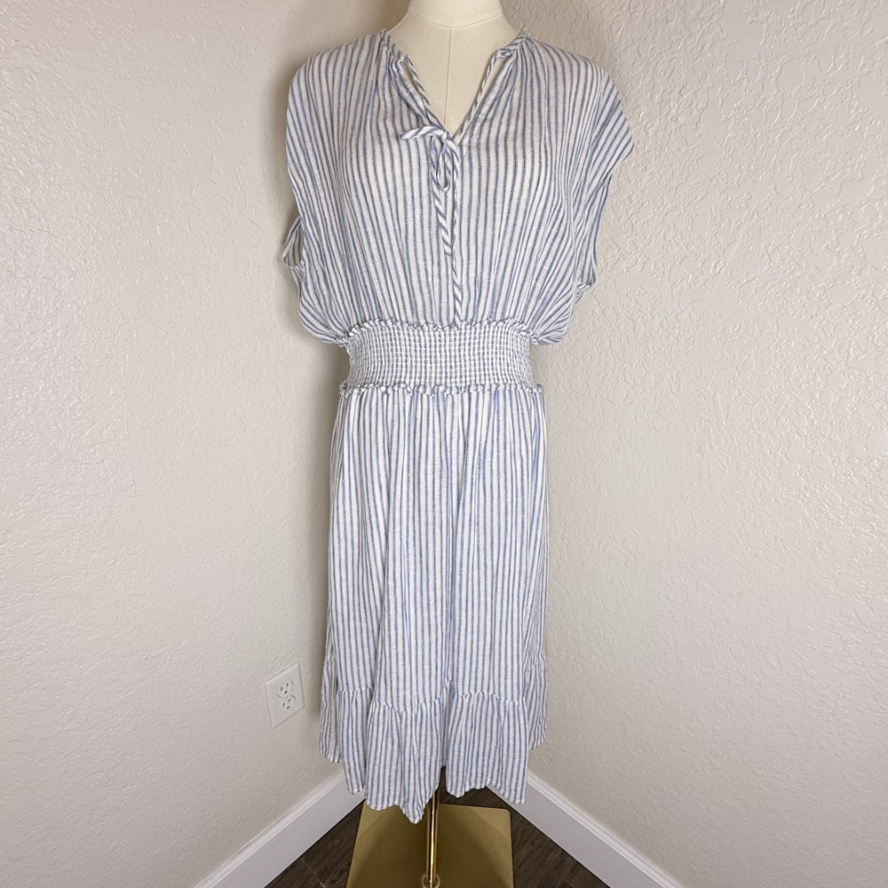 Blue Striped Linen‎ Blend Rails Smocked Waist Large Pockets Coastal Cottagecore